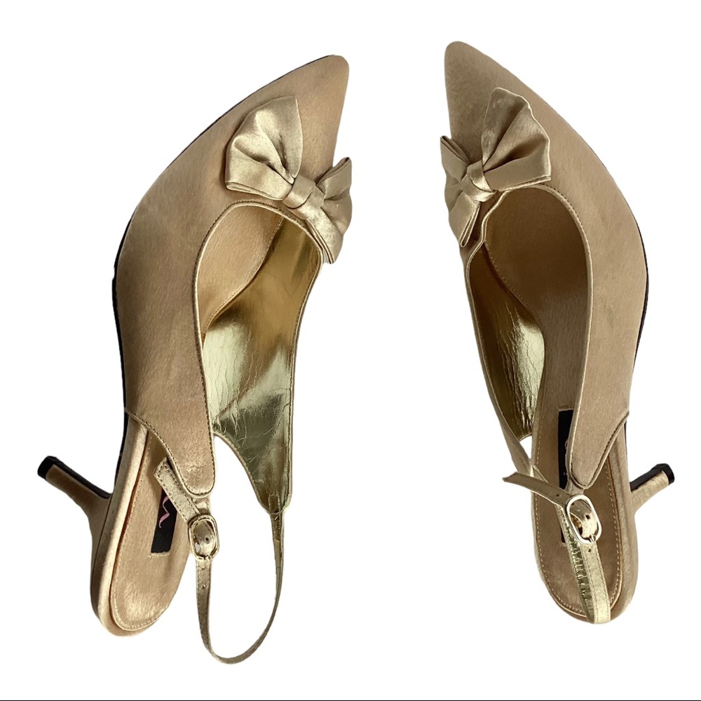 Nina Metallic Gold Color Satin Slingback Pump Bow Detail New With Tags Size 10